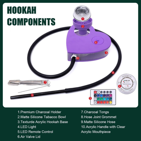 Heart-shaped Hookah LED Egyptian Hookah Smoking Shisha Set Acrylic With Light - Image 2